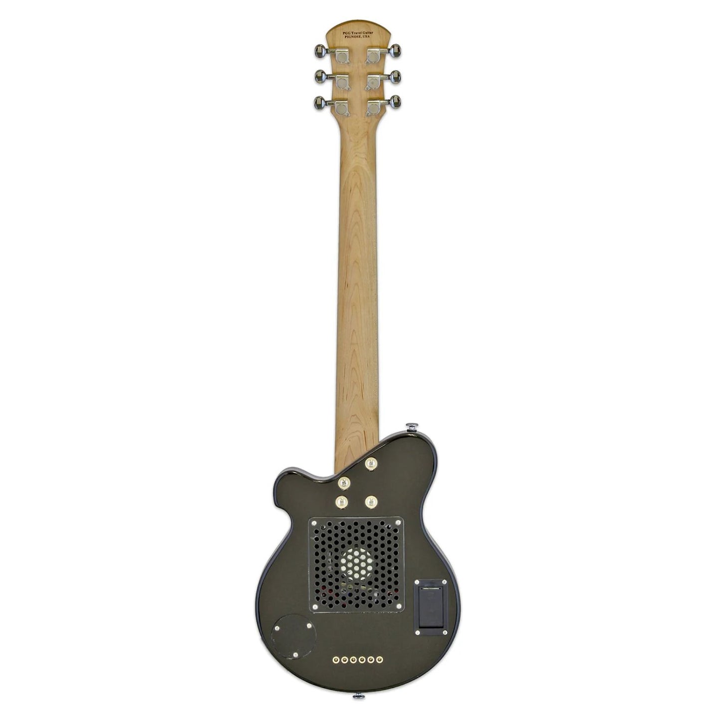 Rear view of Pignose PGG 200 Electric Guitar Black on white background