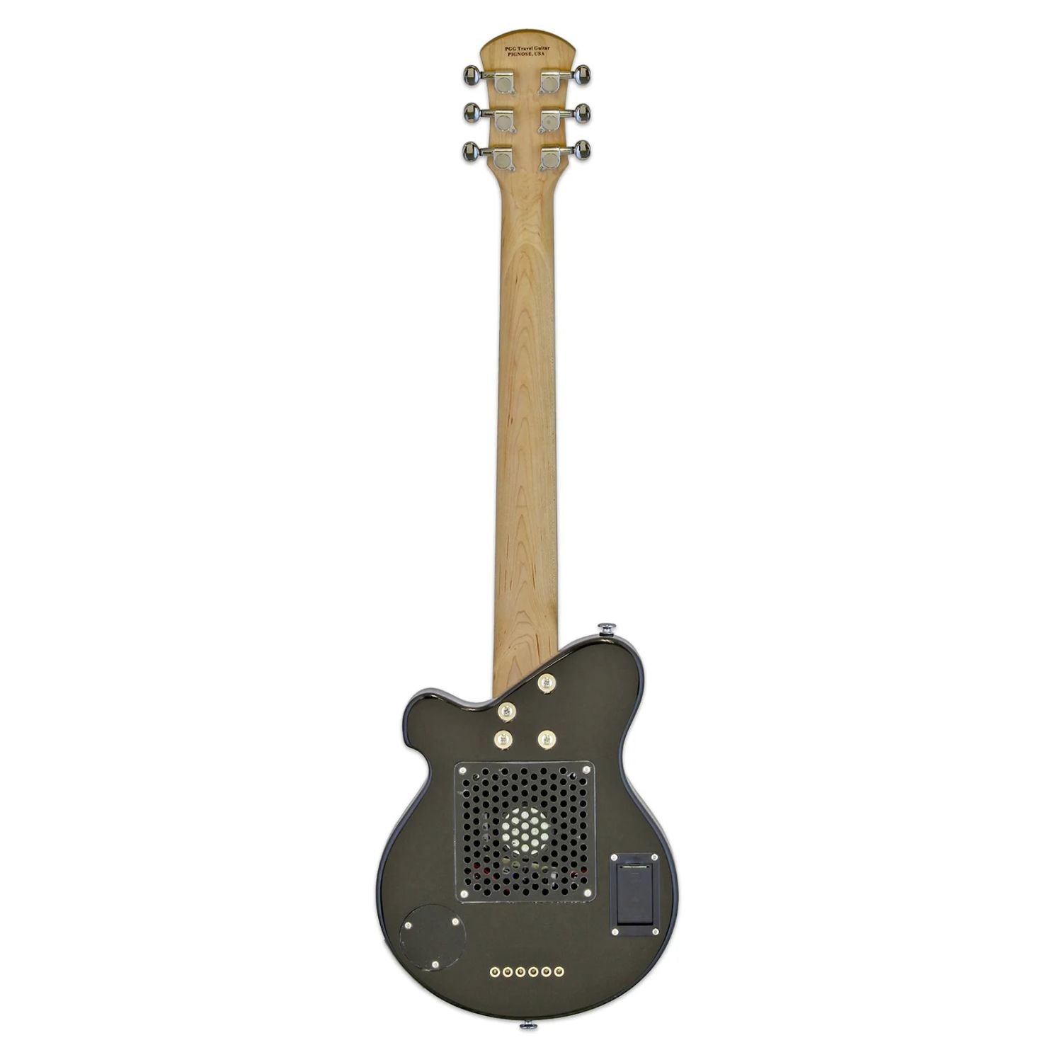 Rear view of Pignose PGG 200 Electric Guitar Black on white background