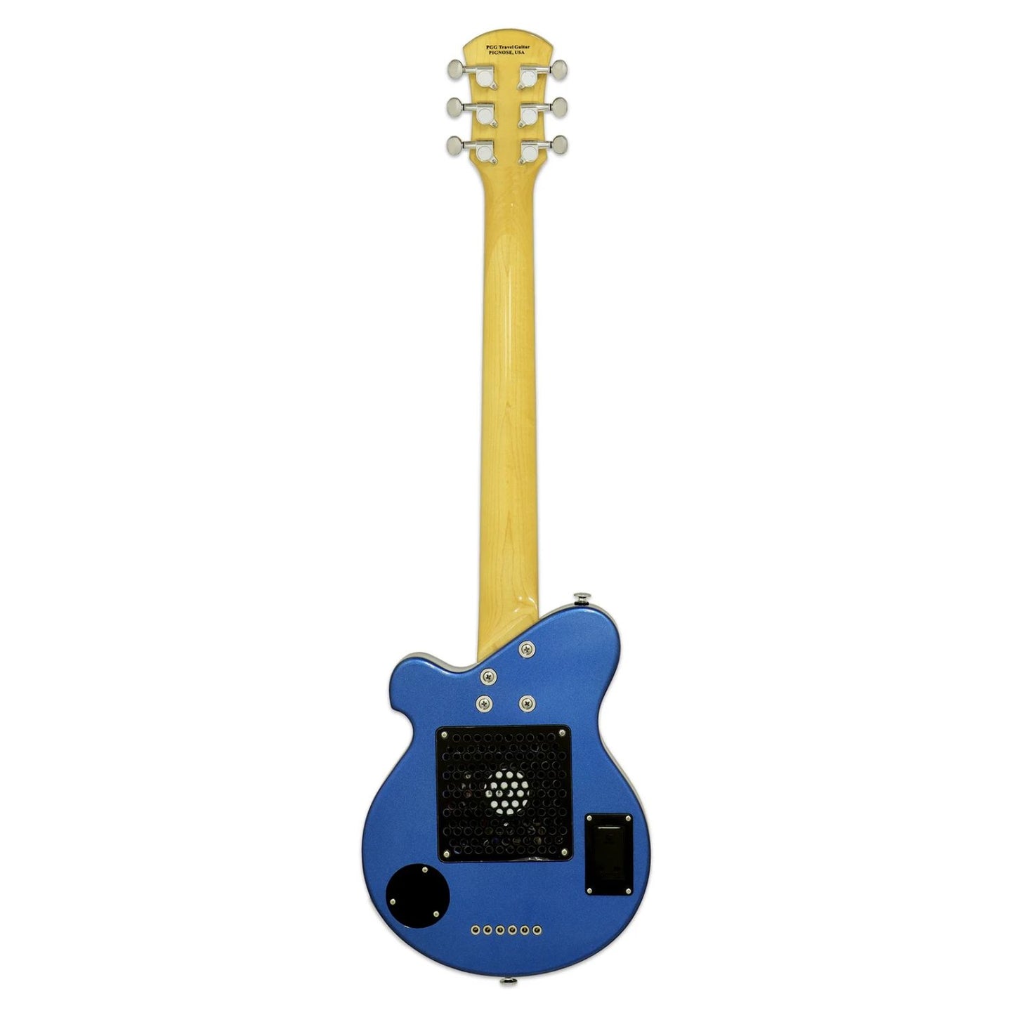 Rear view of Pignose PGG 200 Electric Guitar Blue Paisley on white background