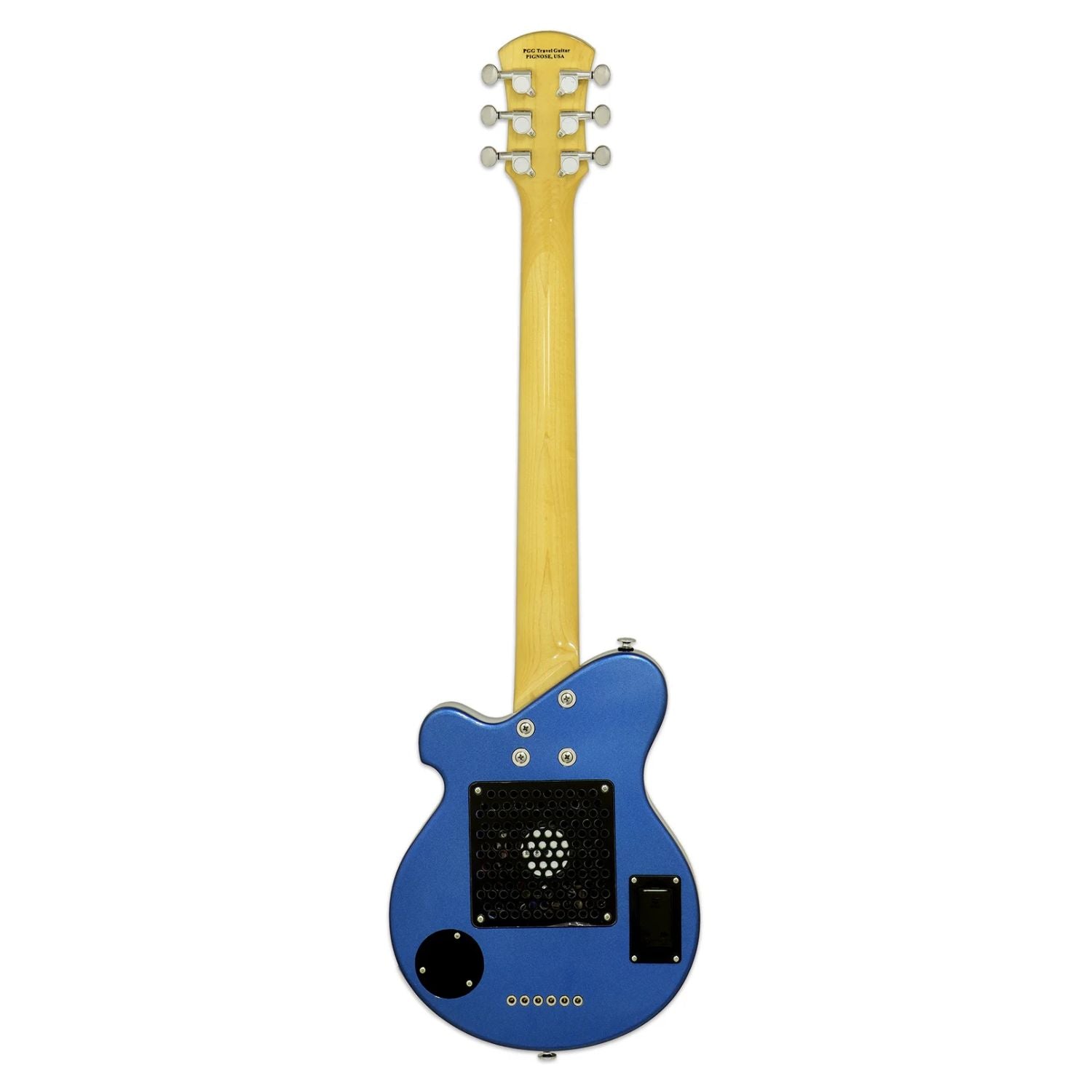 Rear view of Pignose PGG 200 Electric Guitar Blue Paisley on white background