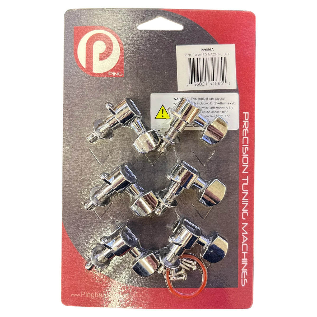 Ping P2656A 6-In-Line Geared Individual Machine Heads (6 Left Chrome) in packaging on white background
