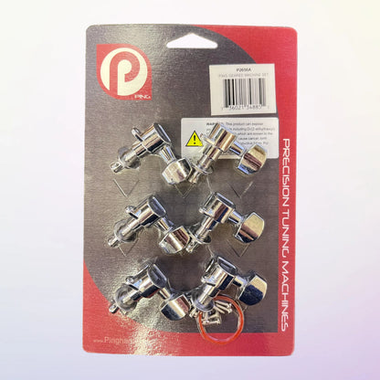 Ping P2656A 6-In-Line Geared Individual Machine Heads (6 Left Chrome) in packaging on purple background
