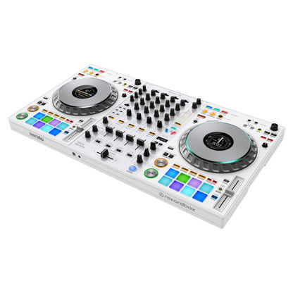 Angled view of Pioneer DJ DDJ-FLX10 Controller White on white background