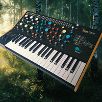 Angled view of Pittsburgh Modular Taiga Keyboard Expandable Analog Synthesizer with forest background