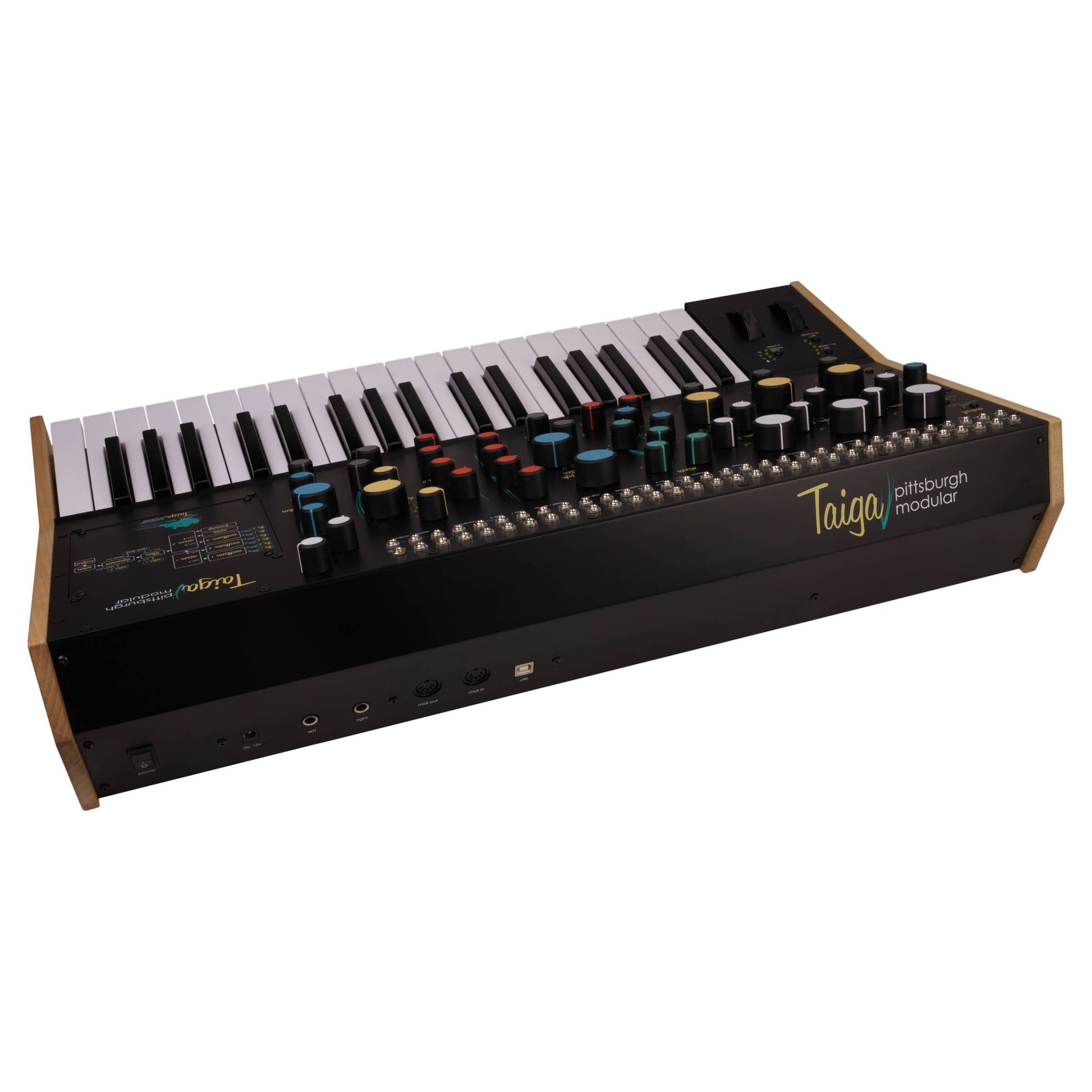 Angled top ports view of Pittsburgh Modular Taiga Keyboard Expandable Analog Synthesizer on white background