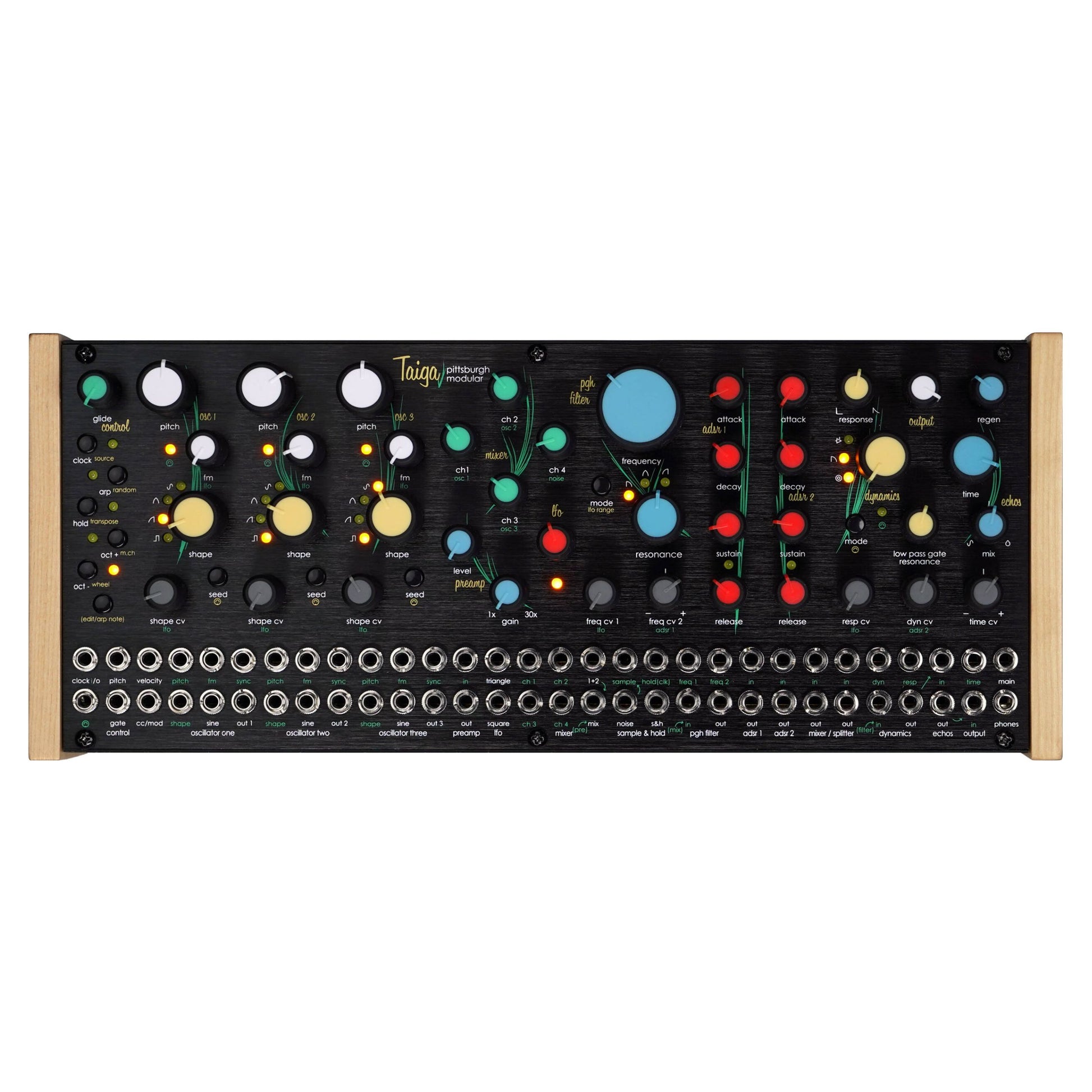 Front view of Pittsburgh Modular Taiga Paraphonic Modular Synthesizer on white background