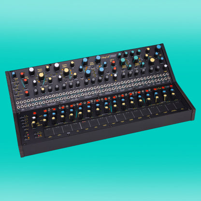 Angled view of Pittsburgh Modular Voltage Lab 2 on turquoise background
