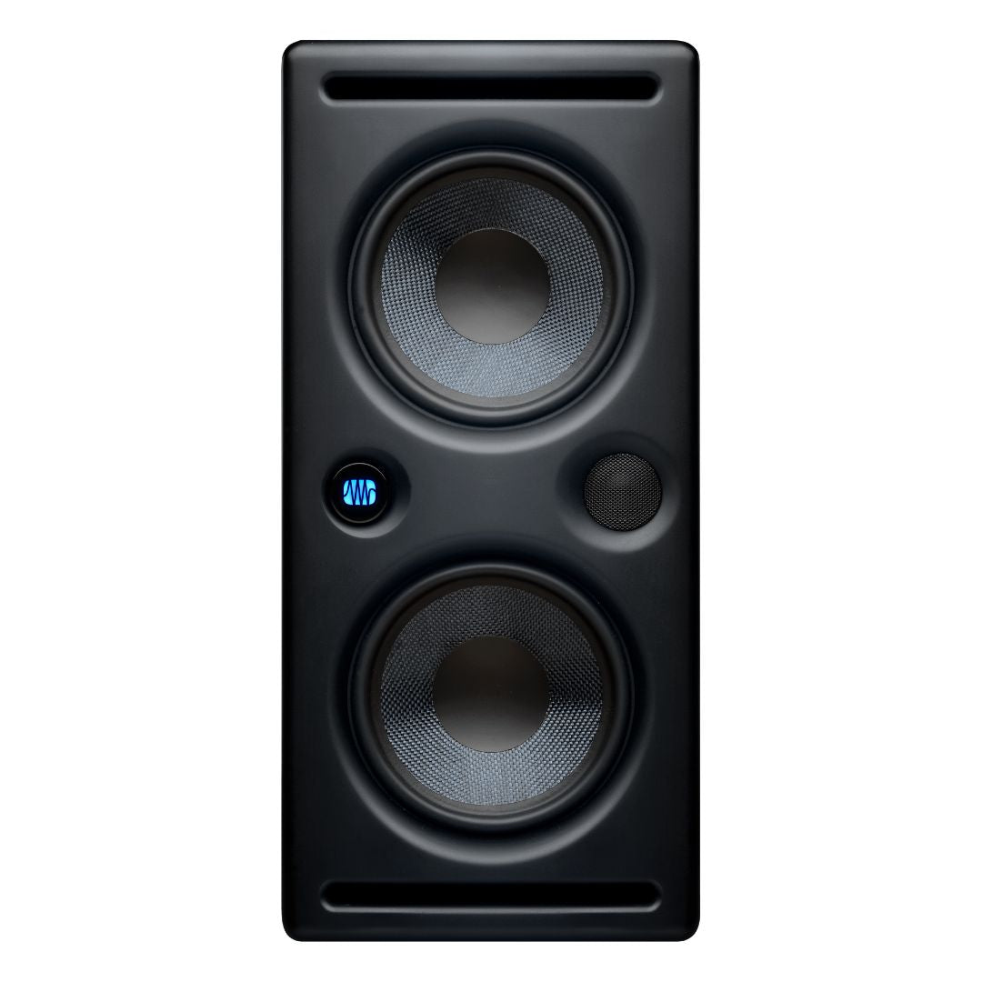 Black studio monitor speaker with digital display on a white background