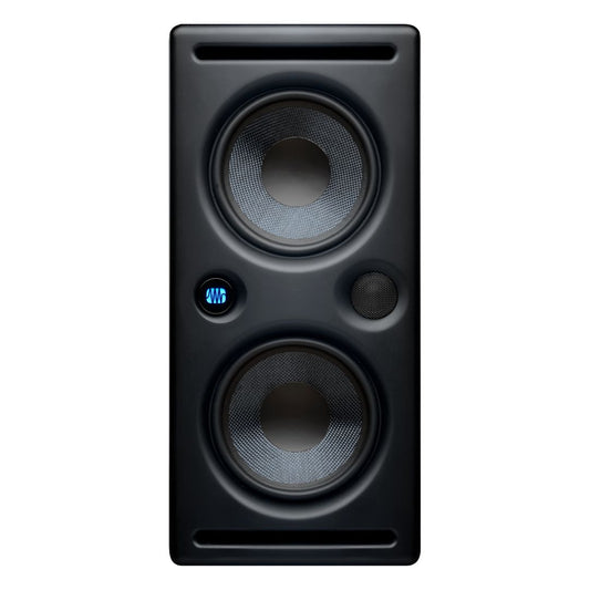 Black studio monitor speaker with digital display on a white background