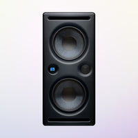 Black studio monitor speaker on a light purple background