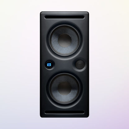 Black studio monitor speaker on a light purple background