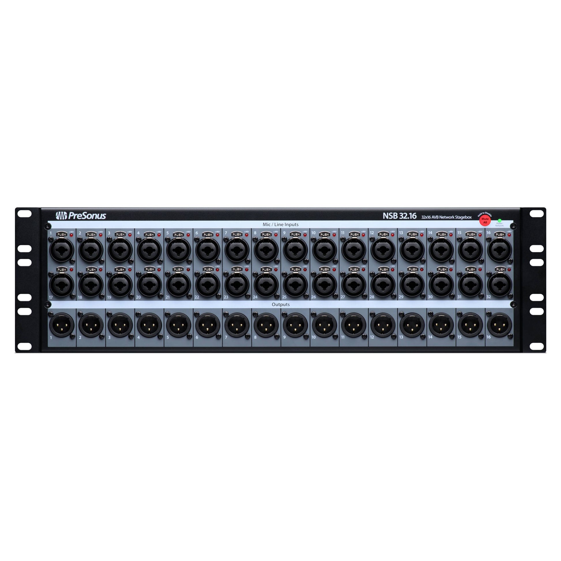 Front ports view of PreSonus NSB 32.16 32x16 AVB-Networked Stage Box on white background