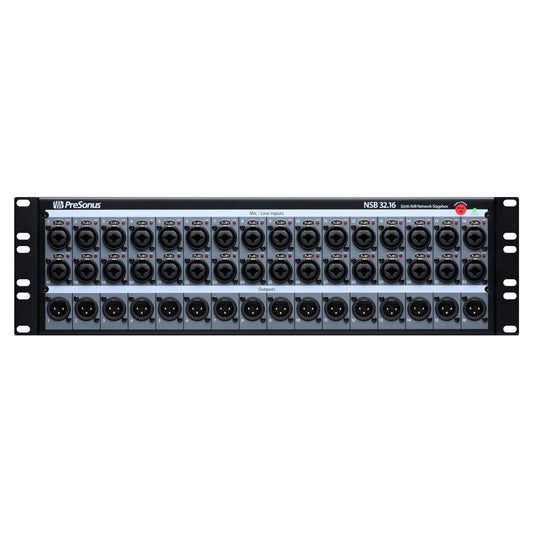 Front ports view of PreSonus NSB 32.16 32x16 AVB-Networked Stage Box on white background