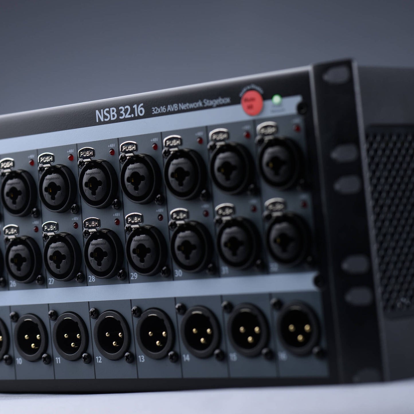 Angled close up view of PreSonus NSB 32.16 32x16 AVB-Networked Stage Box on grey background