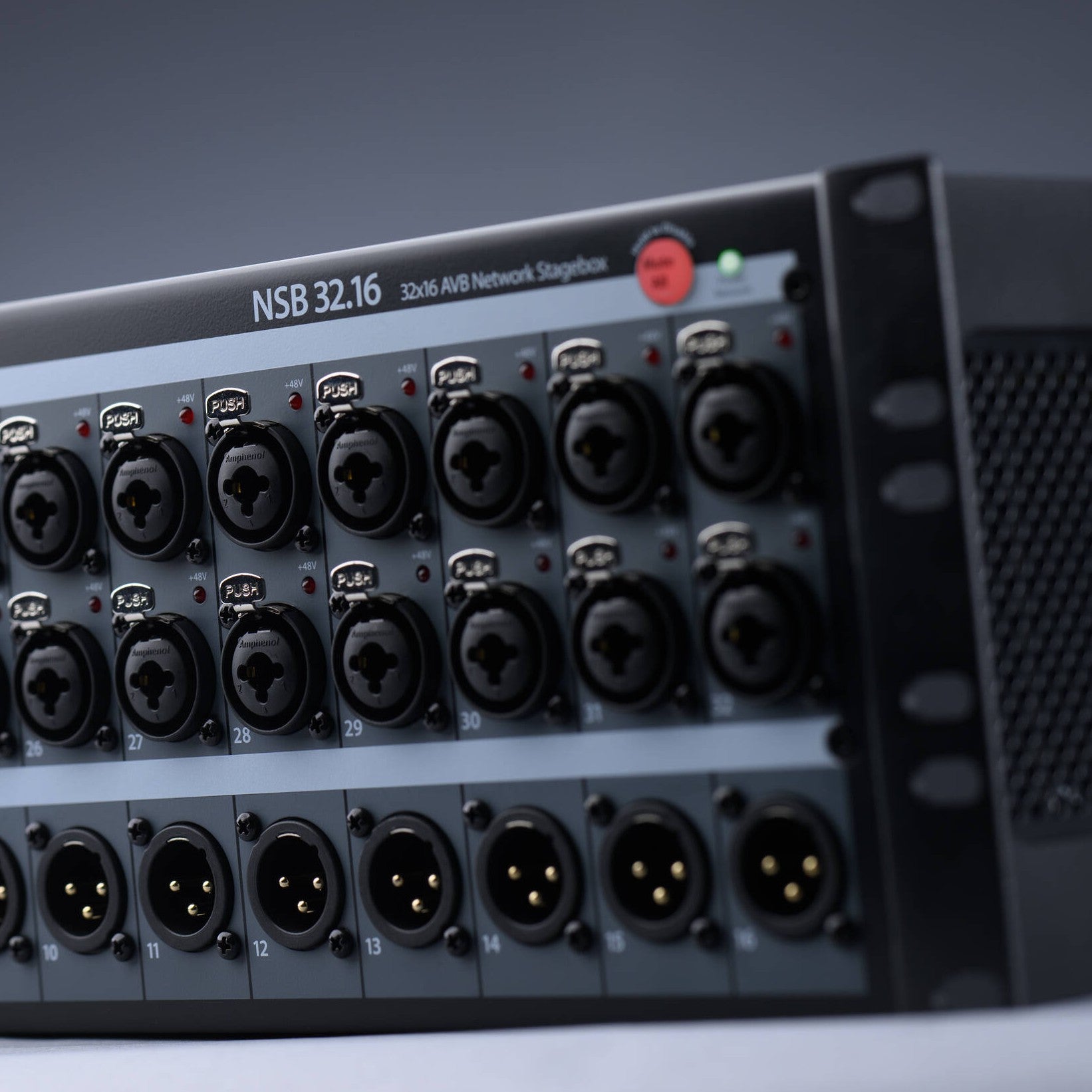 Angled close up view of PreSonus NSB 32.16 32x16 AVB-Networked Stage Box on grey background