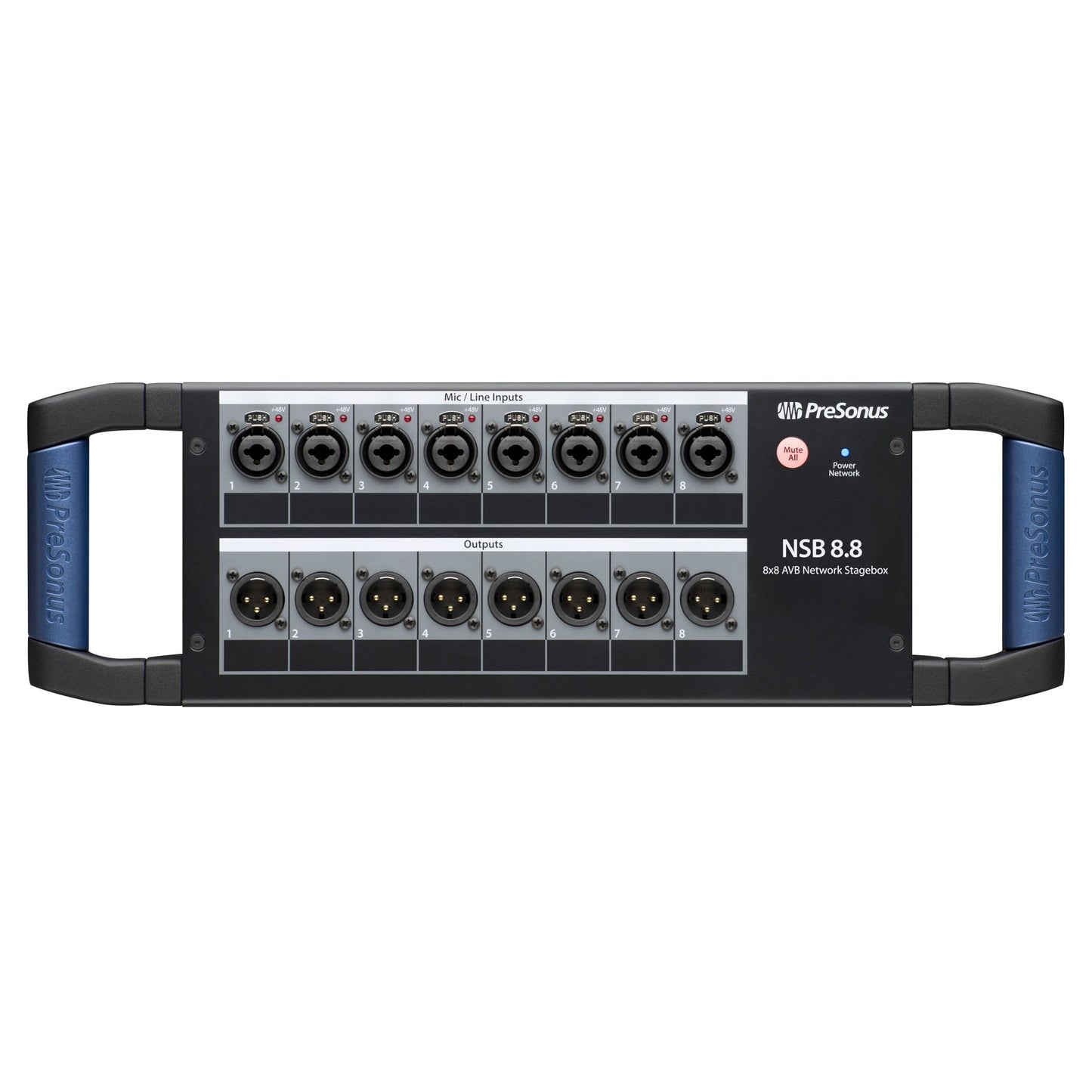 Front ports view of PreSonus NSB 8.8 8x8 AVB-Networked Stage Box on white background