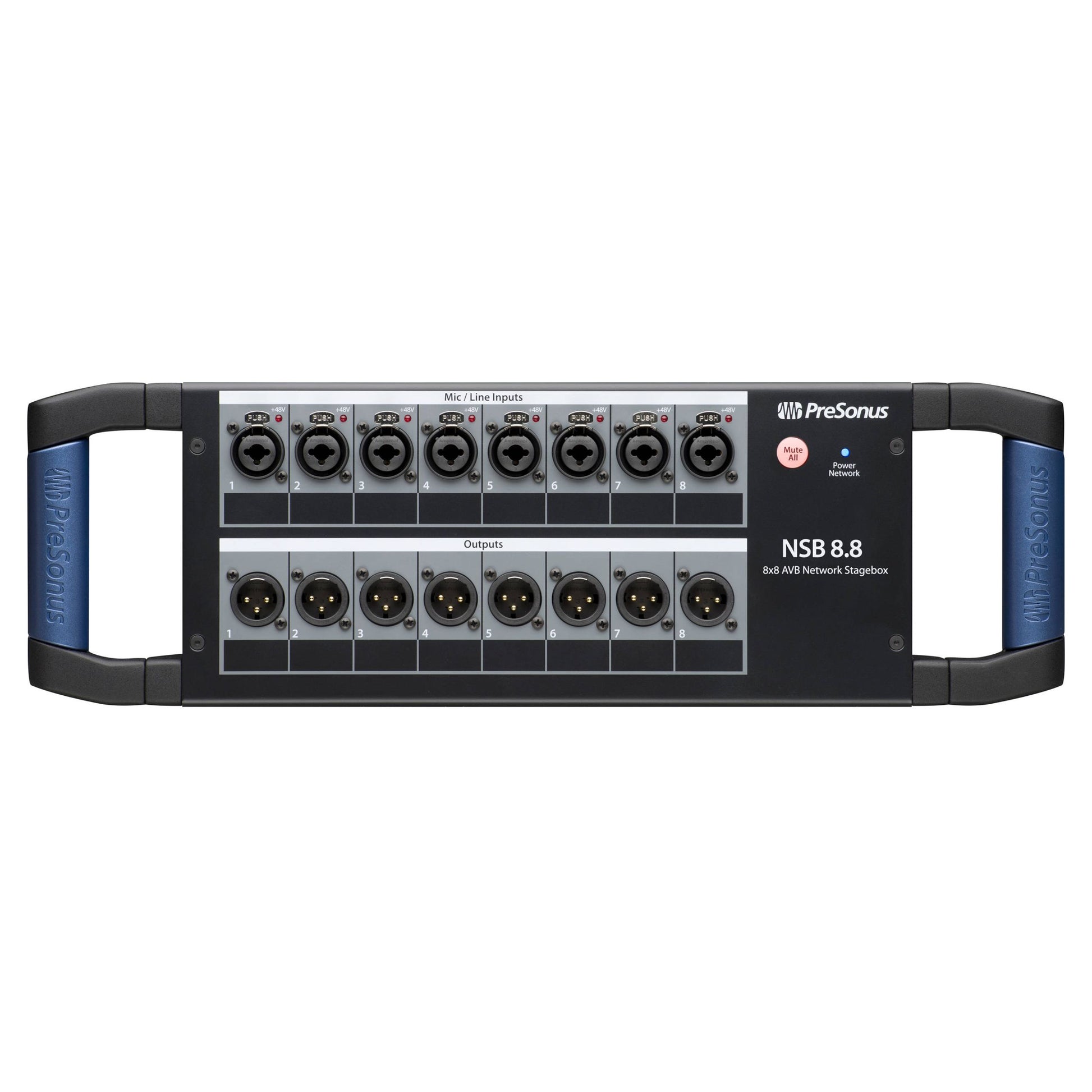 Front ports view of PreSonus NSB 8.8 8x8 AVB-Networked Stage Box on white background
