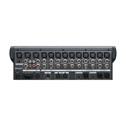 Back view of a audio mixer with various inputs and outputs on a white background