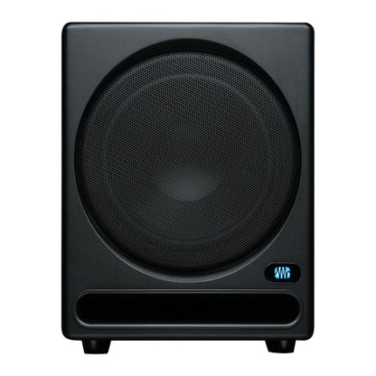 Black subwoofer with a digital display on a white background