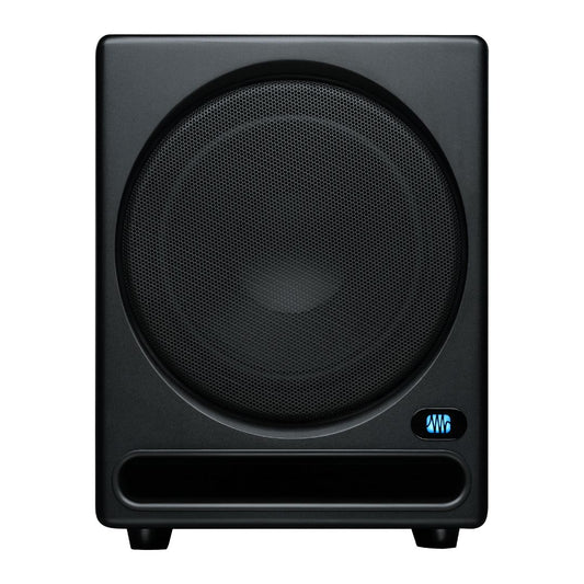 Black subwoofer with a digital display on a white background