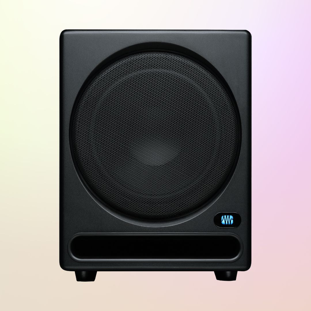 Black subwoofer on a gradient background