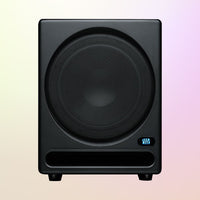 Black subwoofer on a gradient background