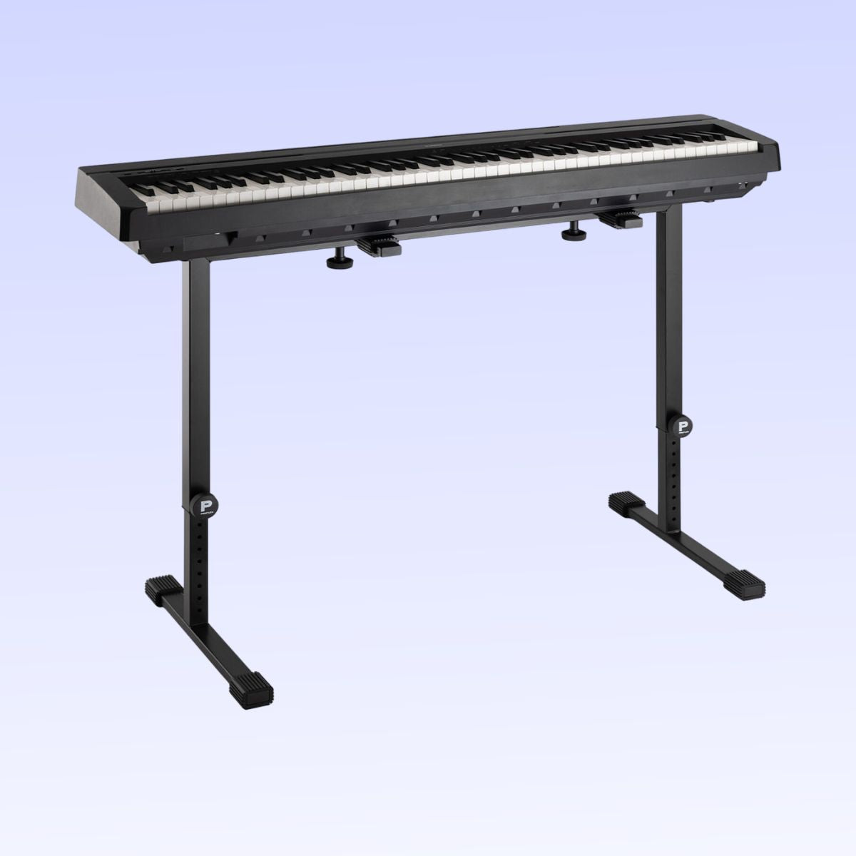 Angled front view of Profile KB-STAND Fully Adjustable Keyboard Stand Black with keyboard on top on purple background