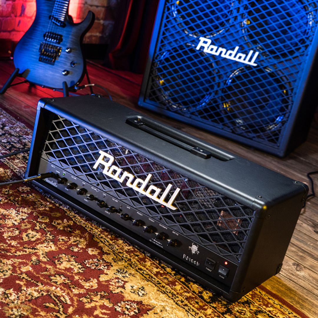 Angled view of Randall RD100H Diavlo Guitar Amplifier Head on carpet in studio