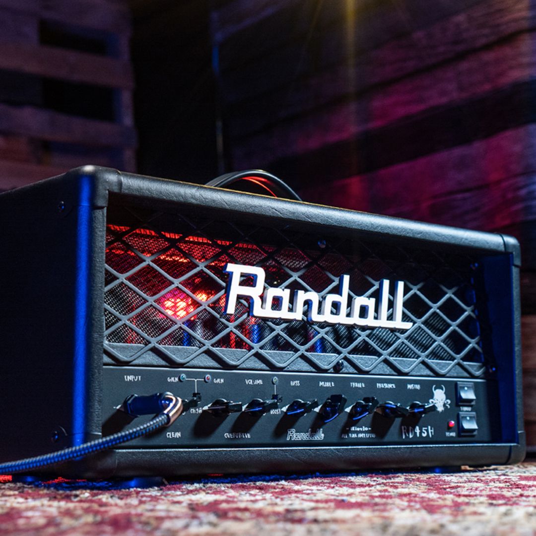 Angled front view of Randall RD45H Diavlo Guitar Amplifier Head on carpet in studio