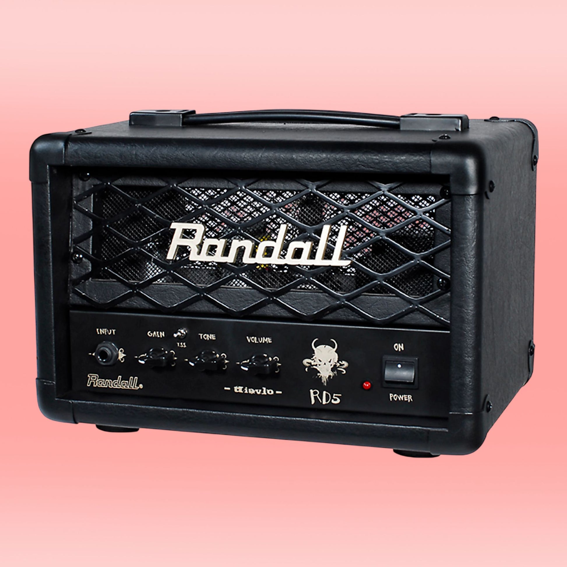 Angled front view of Randall RD5H Diavlo Guitar Amplifier Head on pink background