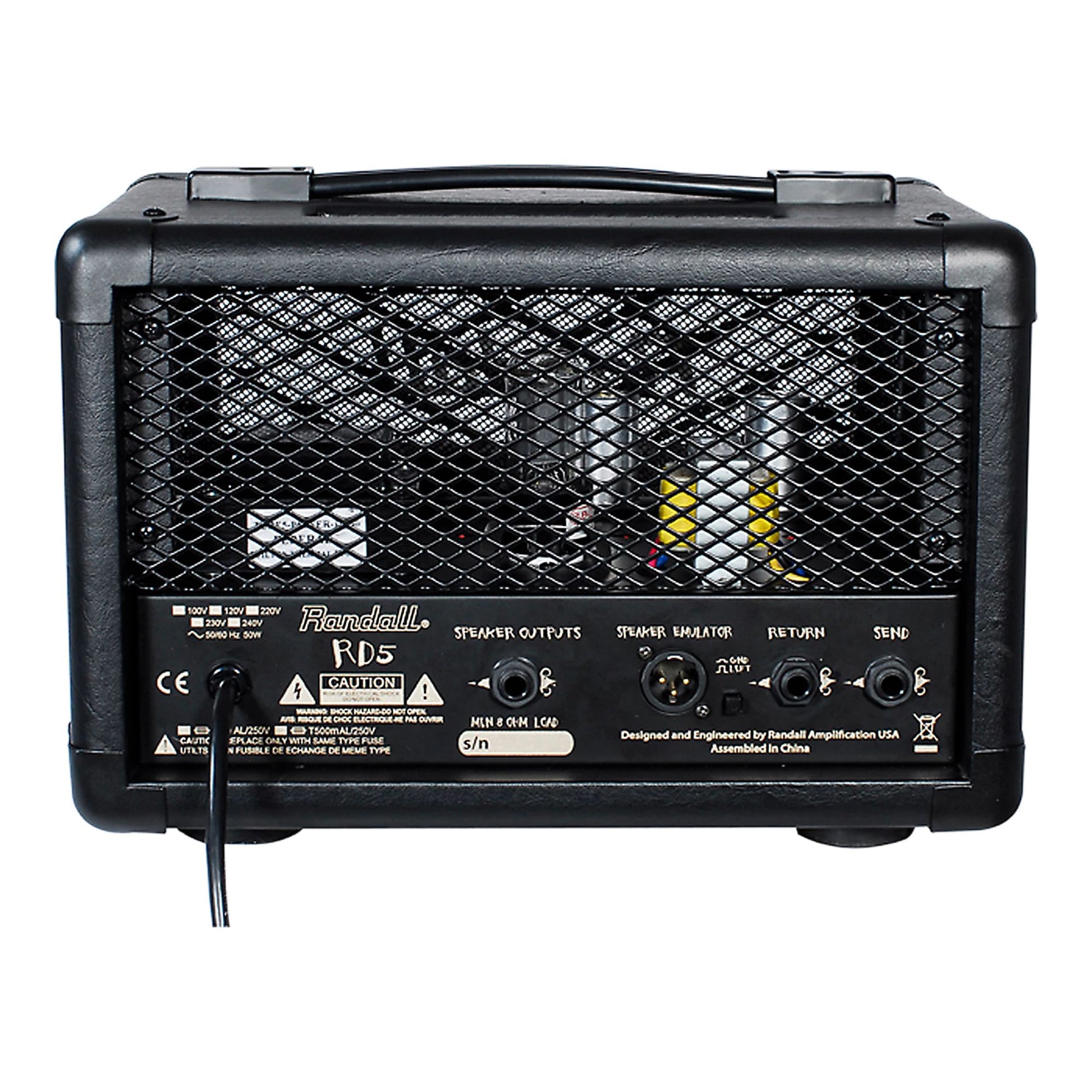 Rear view of Randall RD5H Diavlo Guitar Amplifier Head on white background