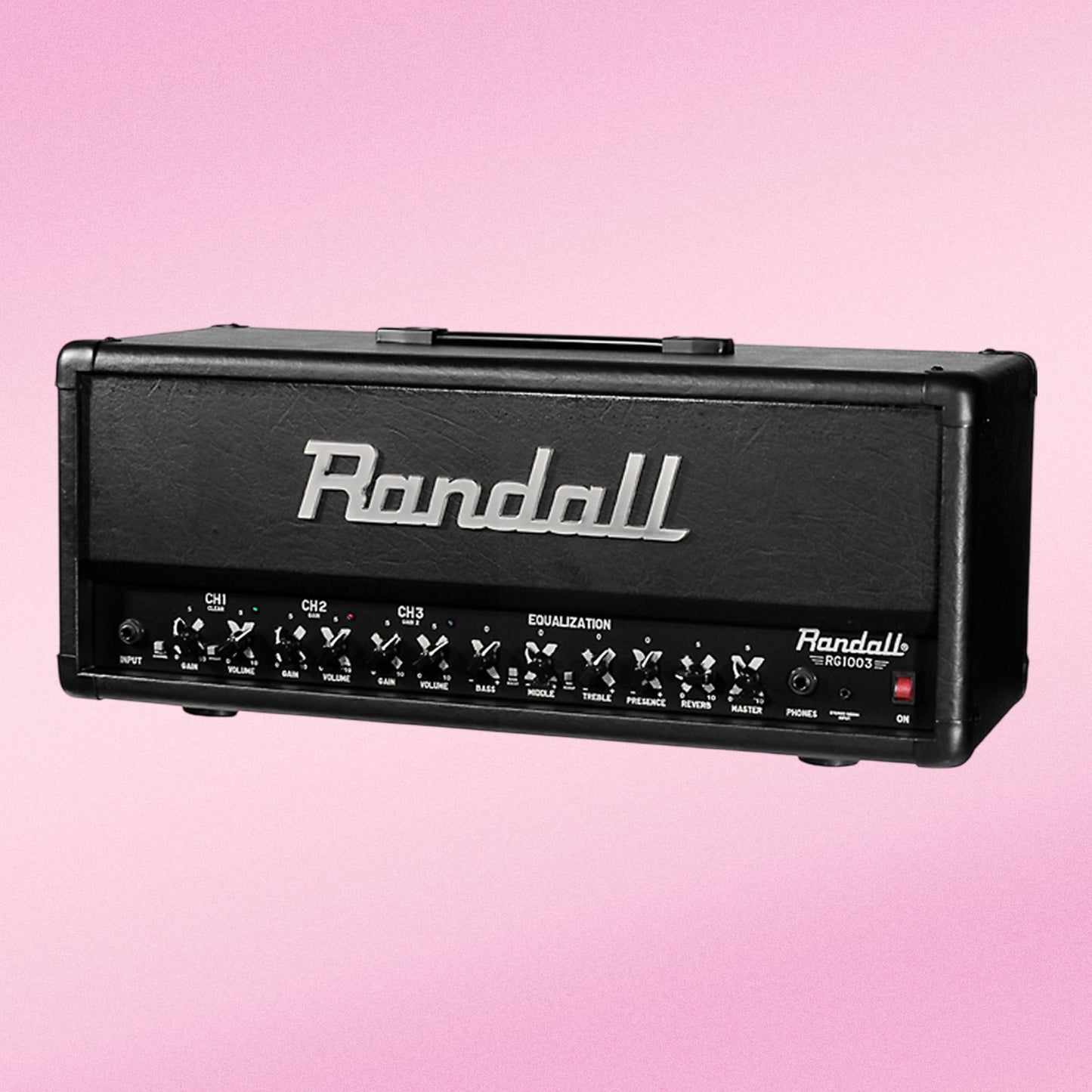 Angled front view of Randall RG1003H Guitar Amplifier Head on pink background