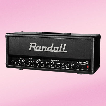 Angled front view of Randall RG1003H Guitar Amplifier Head on pink background