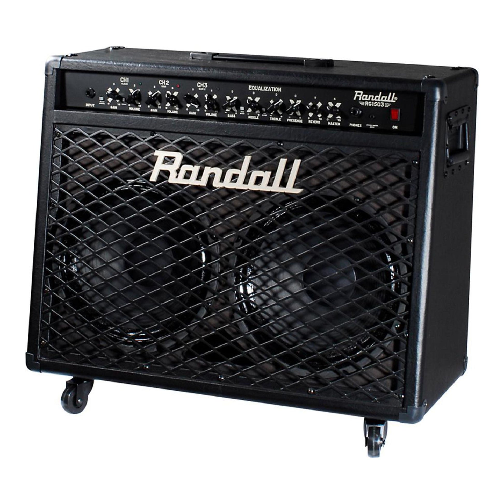 Angled front view of Randall RG1503-212 Combo Solid State Guitar Amplifier on white background