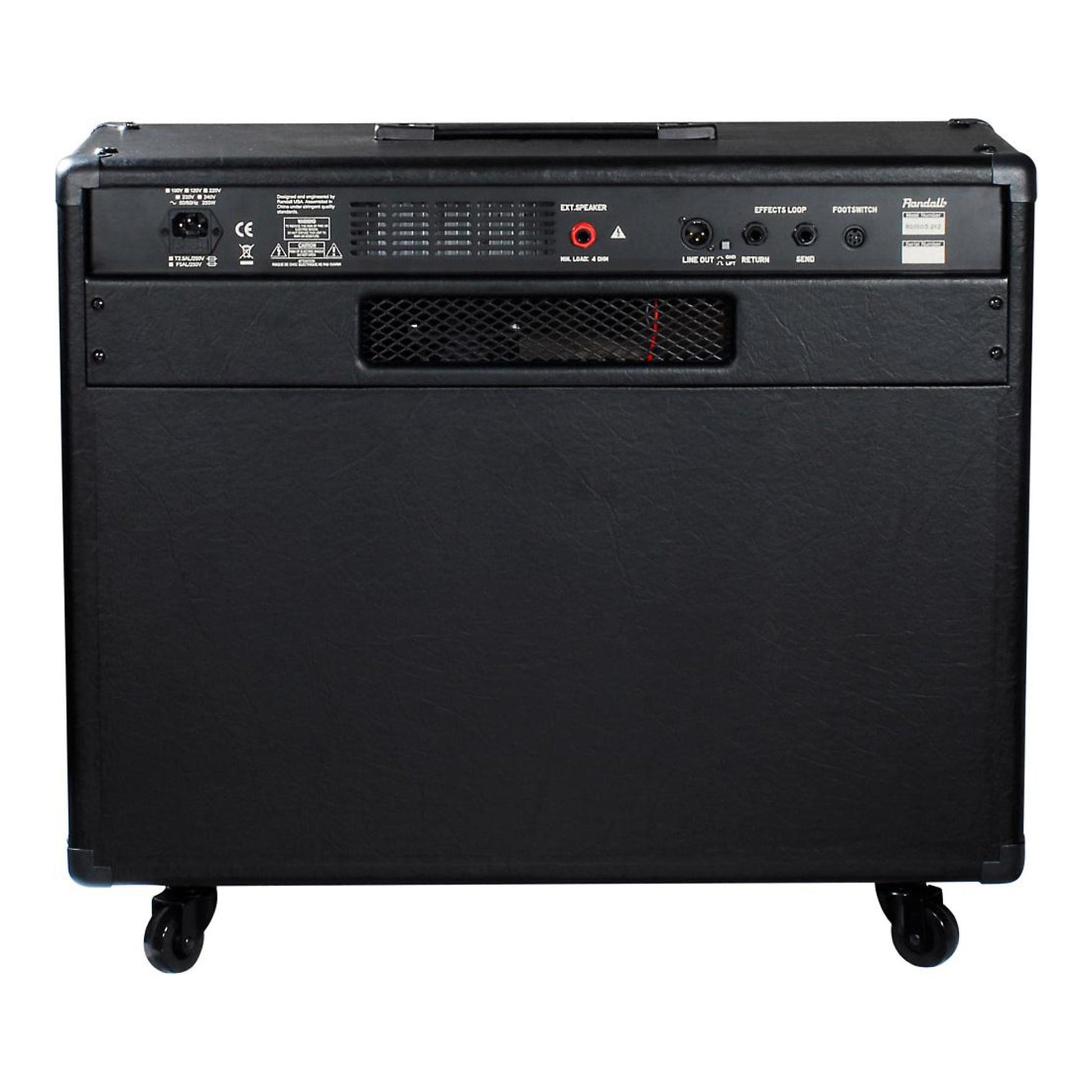 Rear view of Randall RG1503-212 Combo Solid State Guitar Amplifier on white background