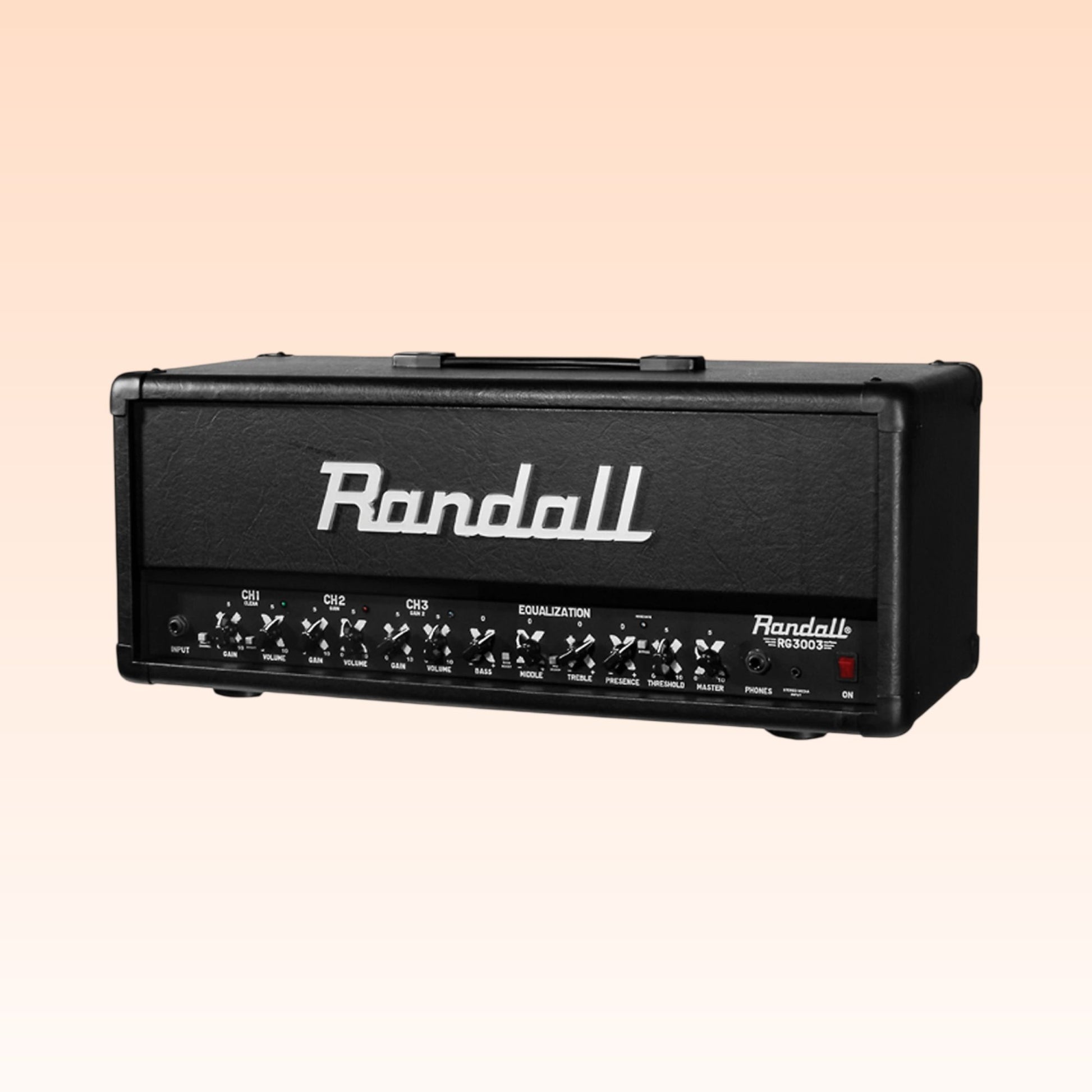 Angled front view of Randall RG3003H Guitar Amplifier Head on orange background