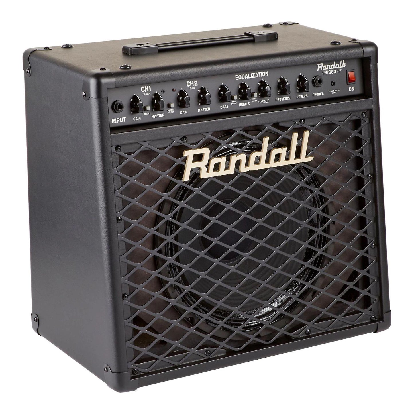 Angled front view of Randall RG80 Combo Guitar Amplifier on white background