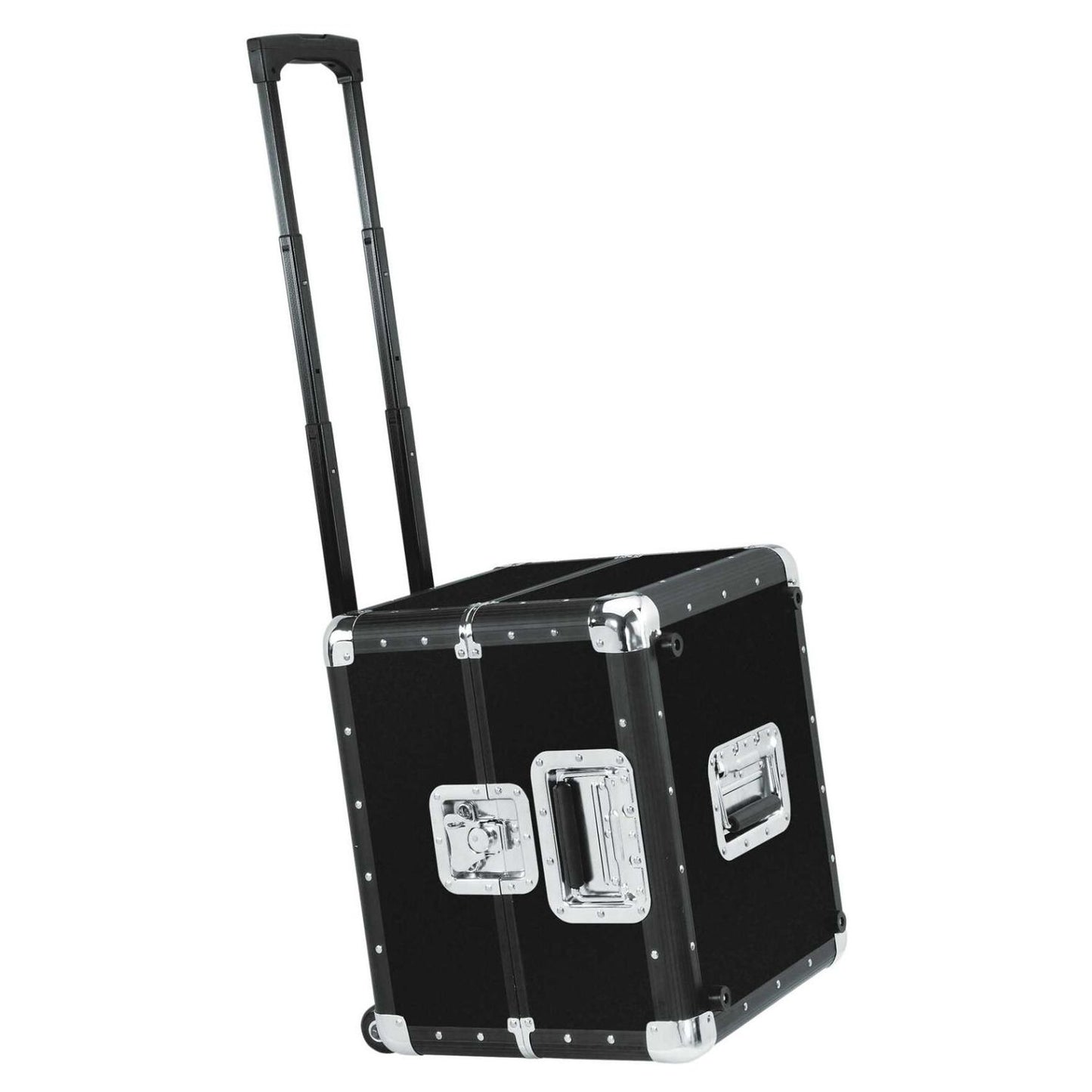 Angled side view of Reloop 120 Trolley Record Case (Black) on white background