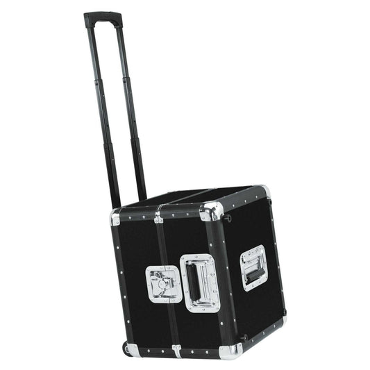 Angled side view of Reloop 120 Trolley Record Case (Black) on white background