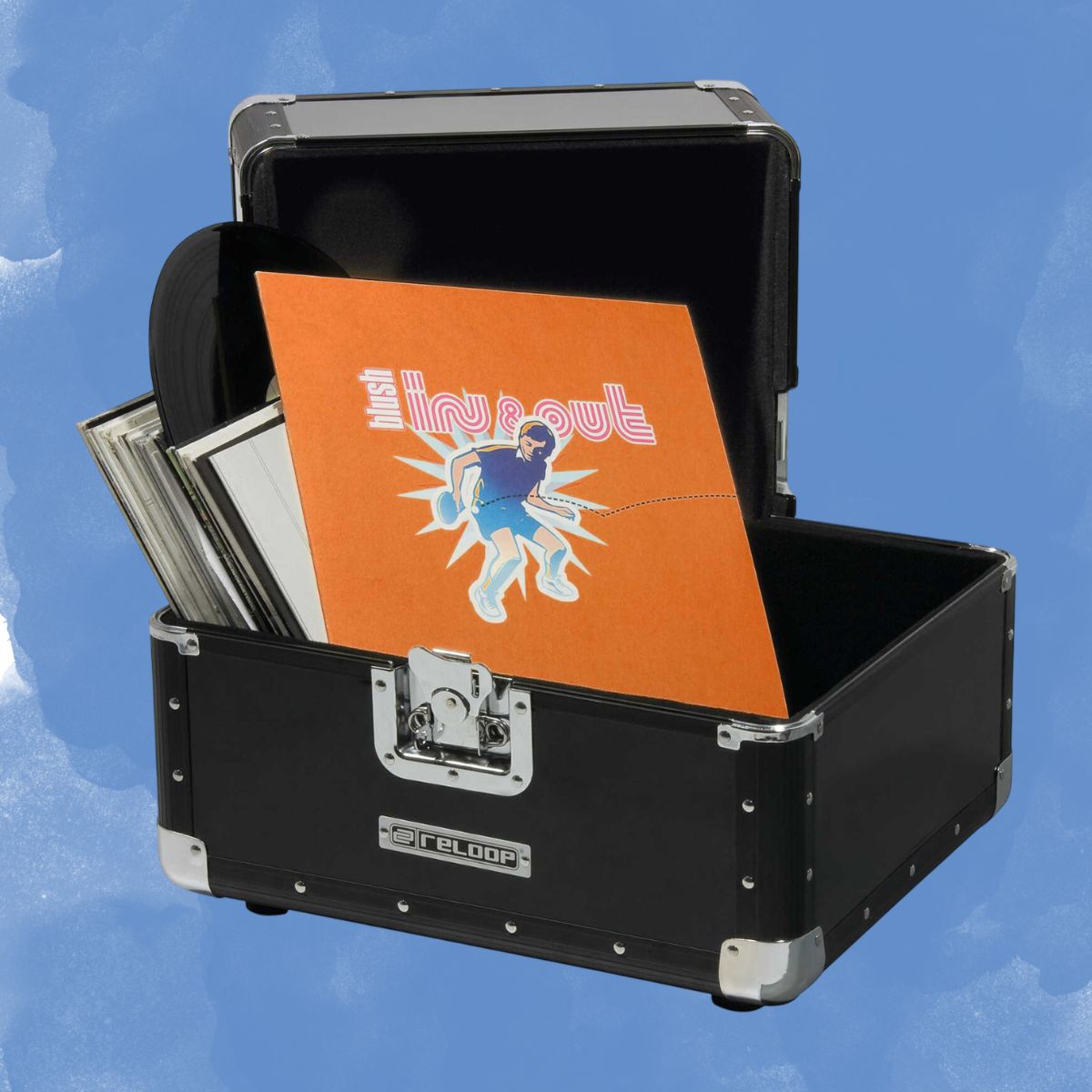 Side view of vinyl records inside Reloop 120 Trolley Record Case (Black) on blue background