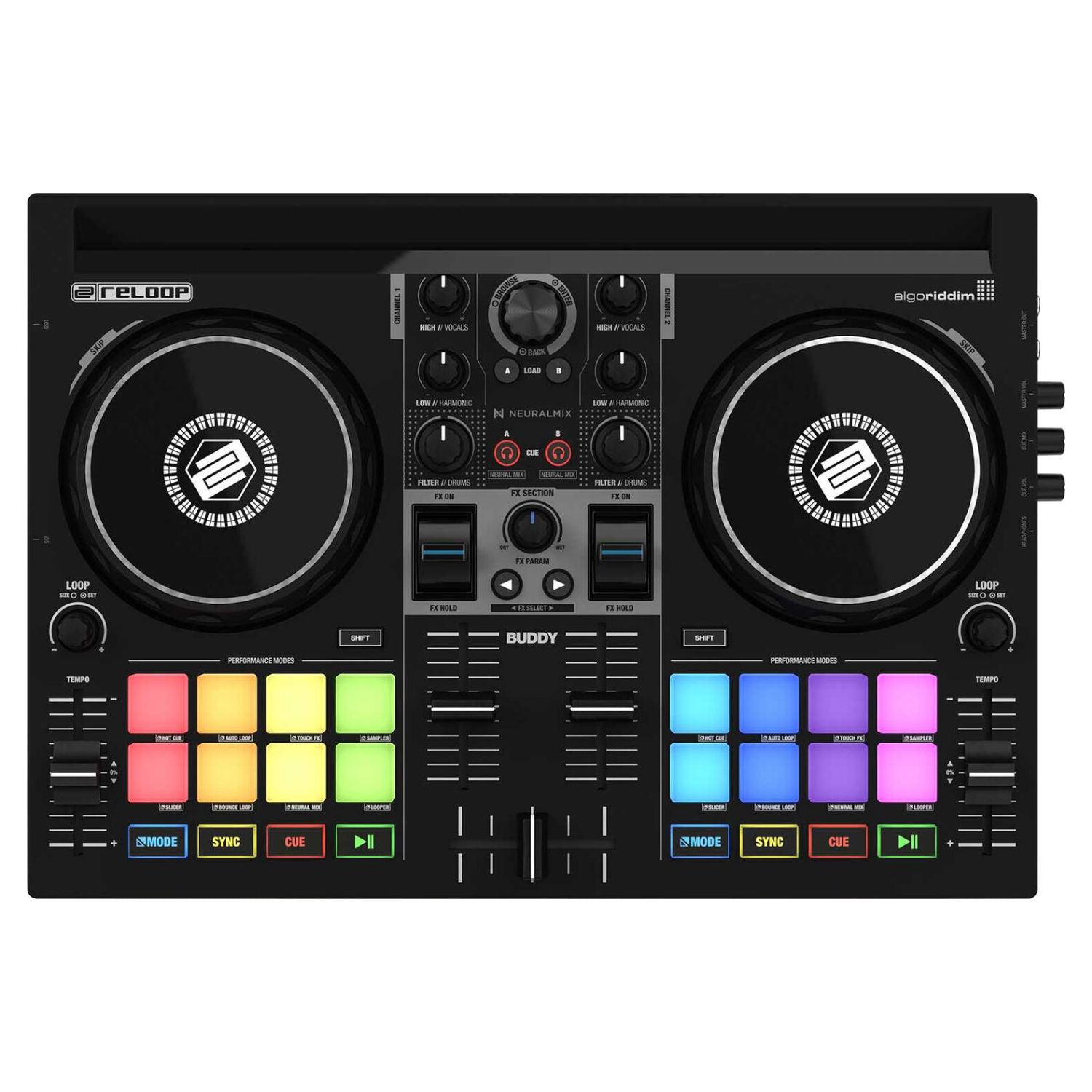 Front view of Reloop Buddy Compact 2-Deck DJ Controller on white background
