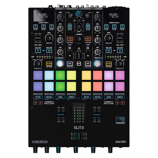 Front view of Reloop ELITE High Performance DVS Mixer for Serato on white background