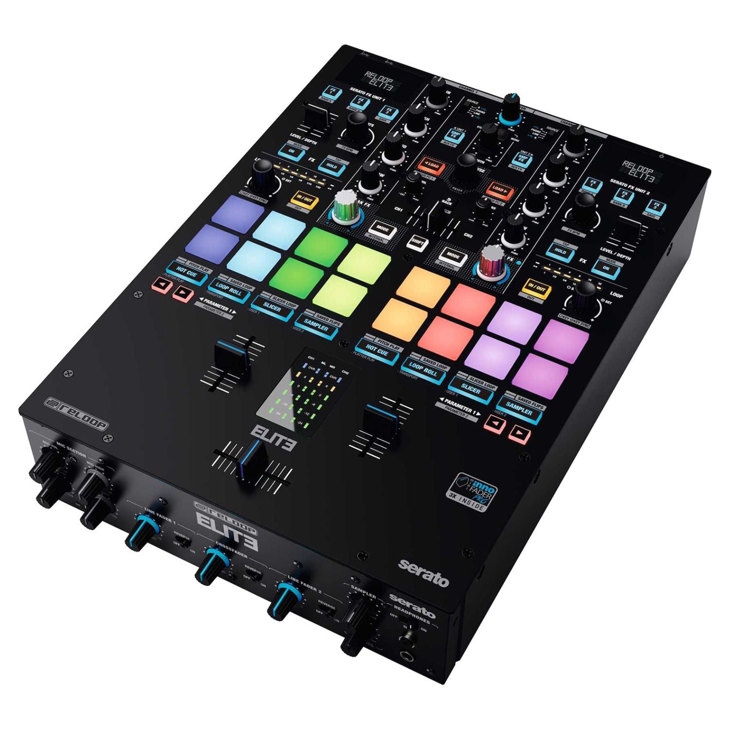 Angled view of Reloop ELITE High Performance DVS Mixer for Serato on white background