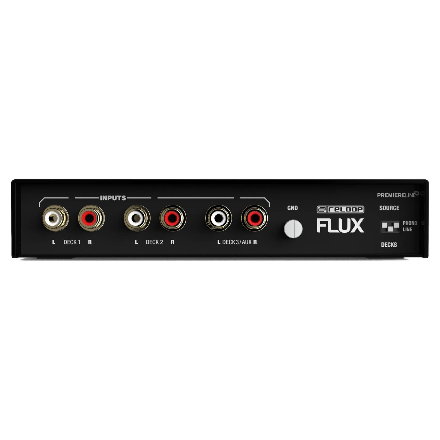 Top ports view of Reloop Flux 6x6 In/Out USB-C DVS Interface for Serato DJ Pro on white background