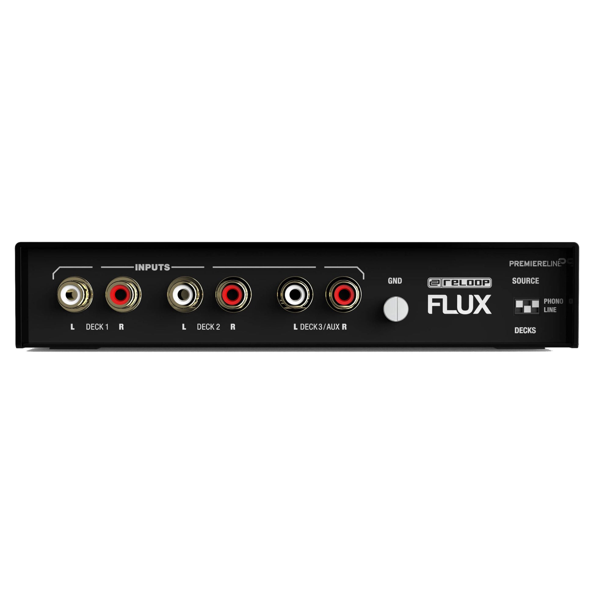 Top ports view of Reloop Flux 6x6 In/Out USB-C DVS Interface for Serato DJ Pro on white background
