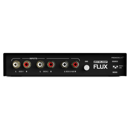 Top ports view of Reloop Flux 6x6 In/Out USB-C DVS Interface for Serato DJ Pro on white background