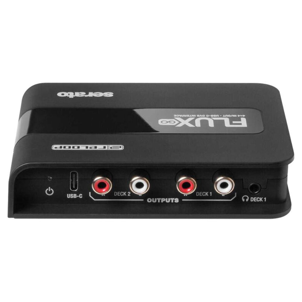Top ports view of Reloop Flux Go USB-C DVS Interface for Serato DJ Pro on white background