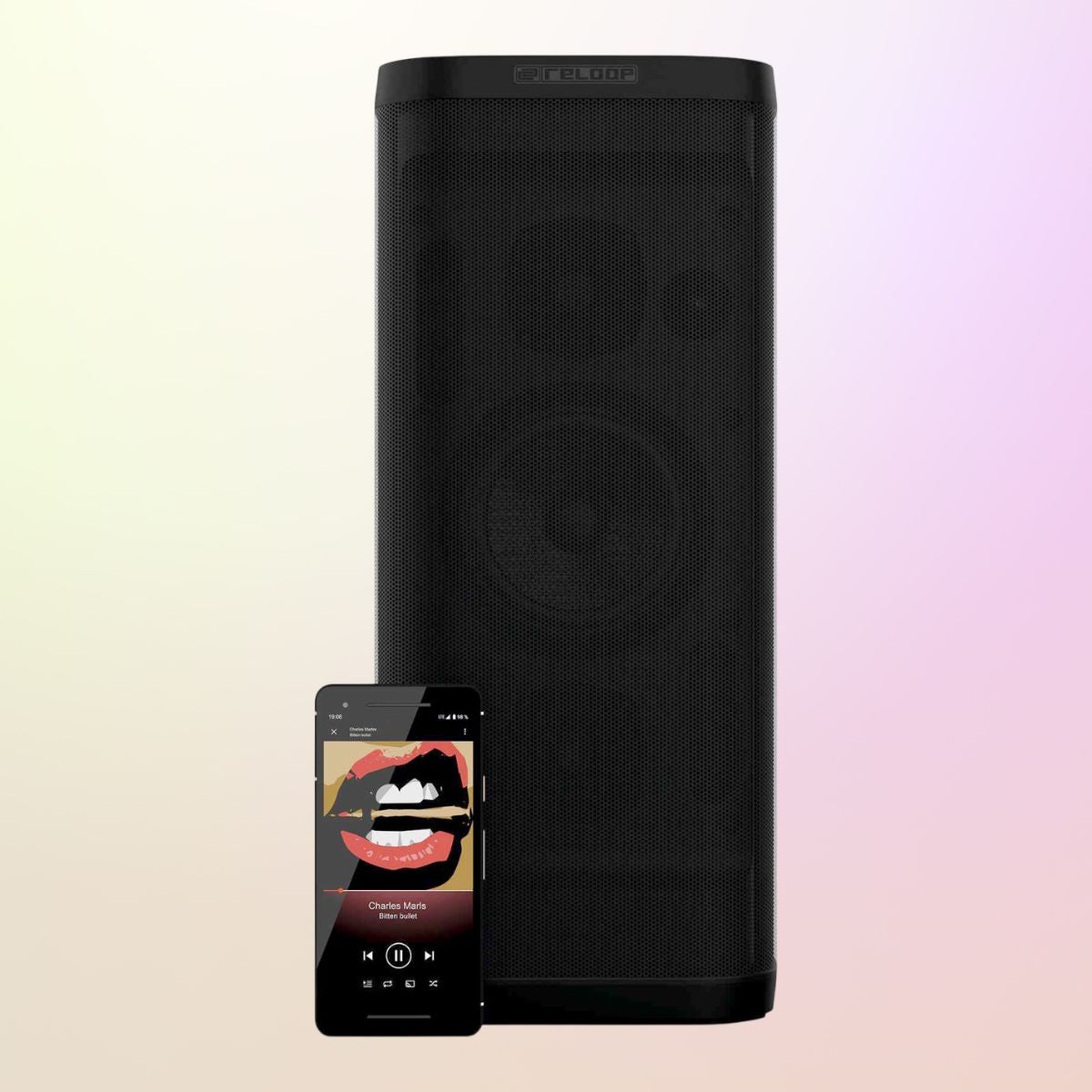 Front view of Reloop Groove Blaster BT Portable Bluetooth Speaker with phone playing music through it on yellow and pink gradient background