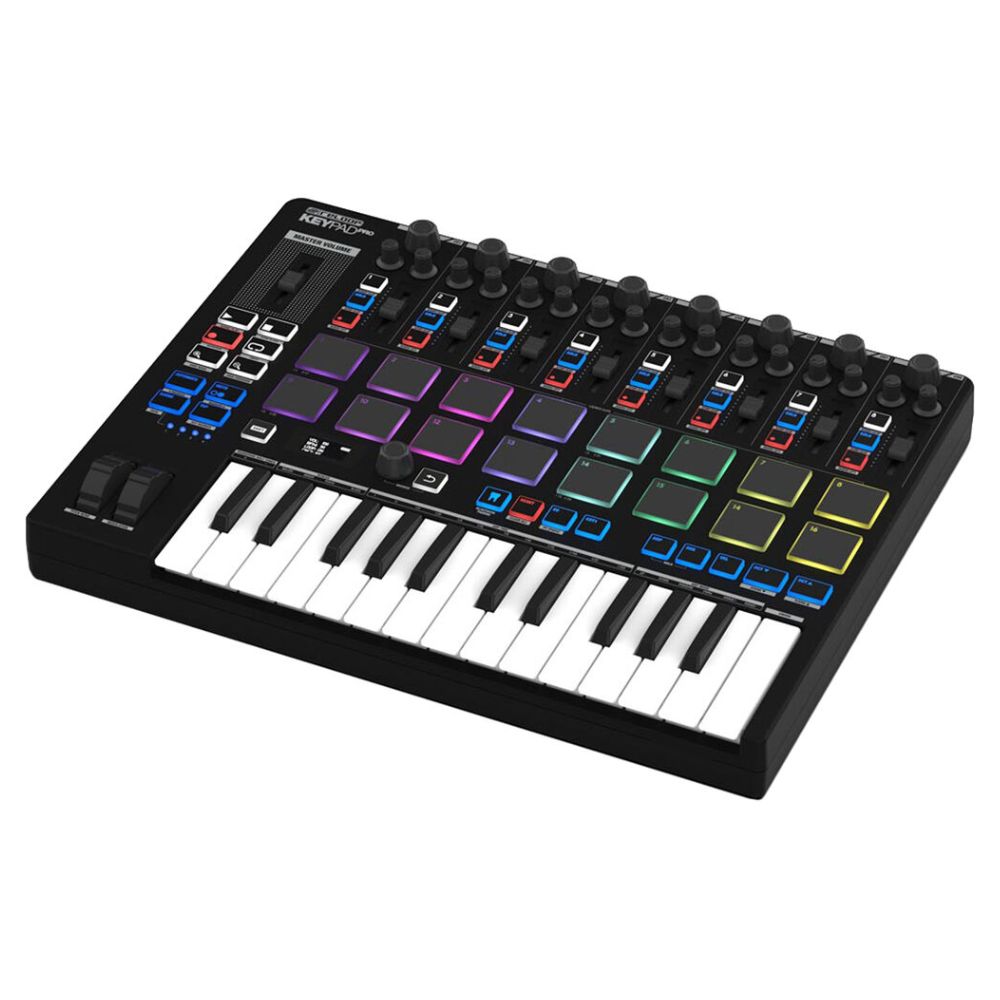 Angled front view of Reloop Keypad Pro Compact Controller Workstation on white background
