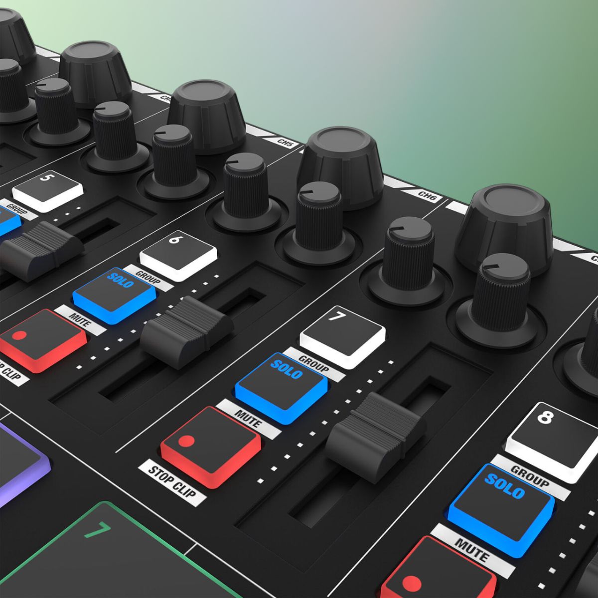 Close up view of Reloop Keypad Pro Compact Controller Workstation on green background